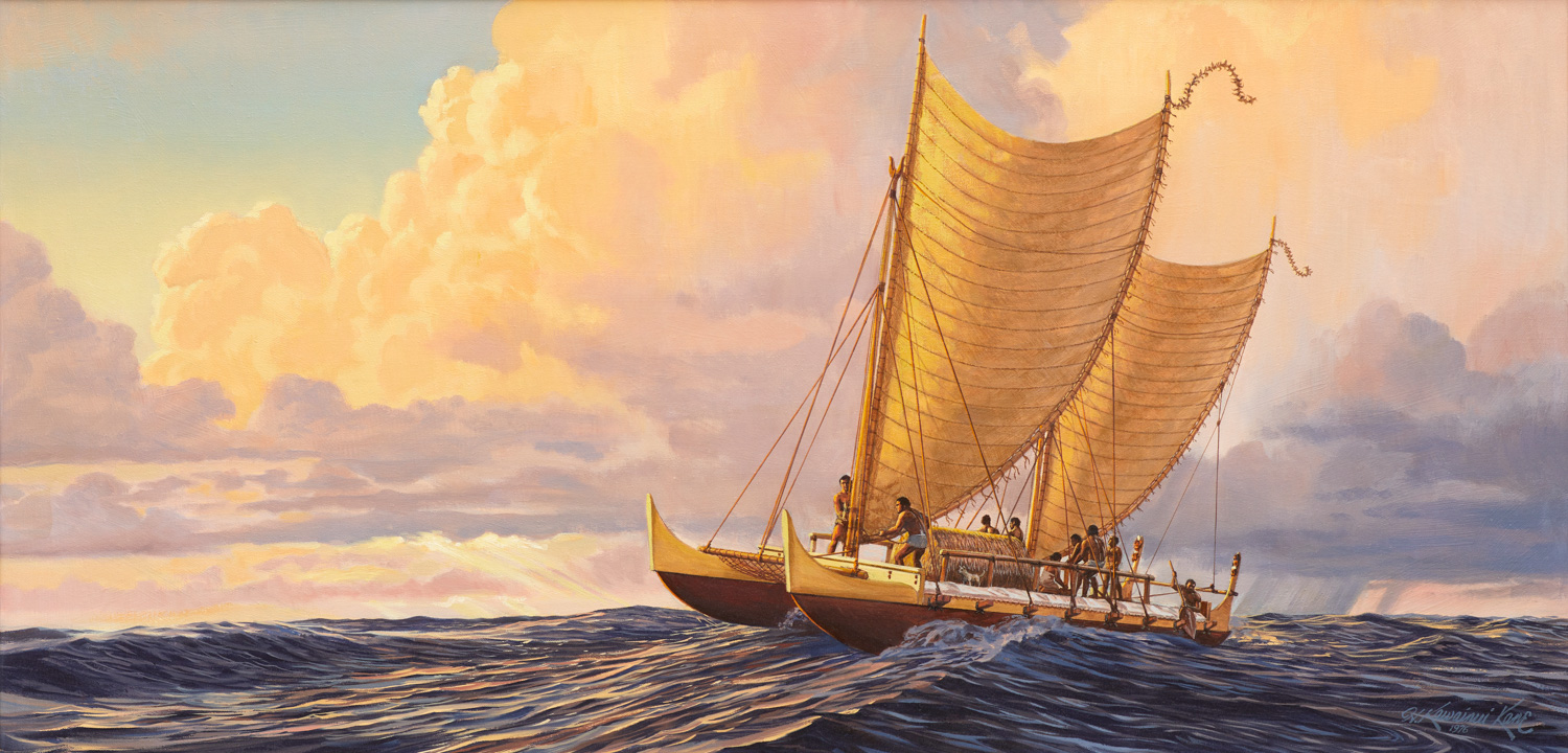 Painting of the voyaging canoe Hōkūleʻa sailing under full sail at sunset